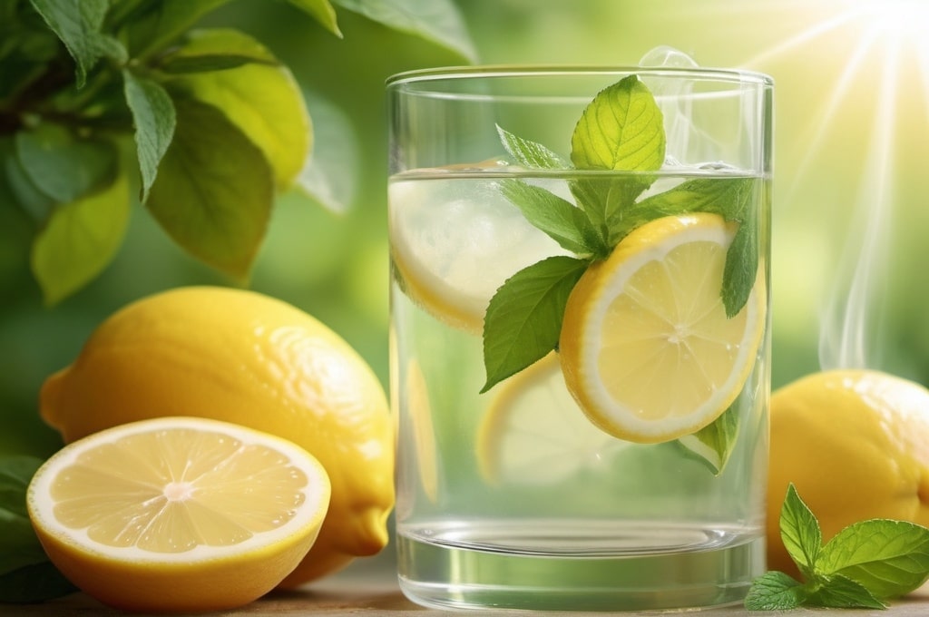 Glass of clear water with fresh lemon slices and mint leaves, ready for morning consumption